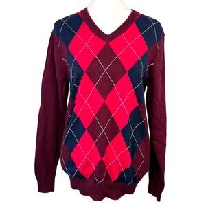 Old Navy Argyle V Neck Sweater Burgundy Red Navy Cotton Pullover Small